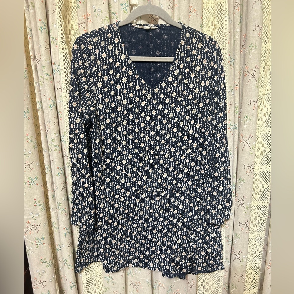 Seasalt Cornwall Sea Cruise Tunic US 10 Organic Cotton Navy Floral Long‎ Sleeve